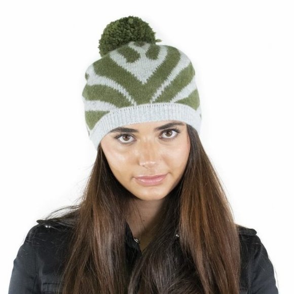 Portolano Cashmere Zebra Slouchy Hat with Pom Pom Light Grey/Olive Green - Picture 1 of 3